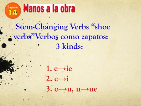 Stem-Changing Verbs “shoe verbs”Verbos como zapatos: 3 kinds: