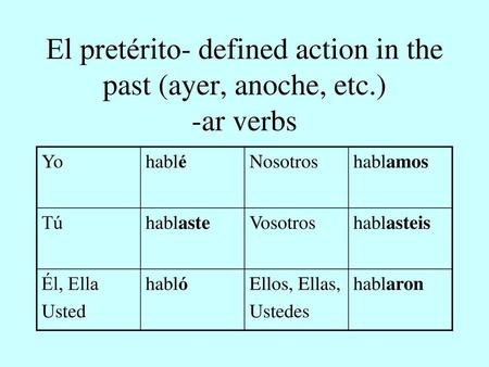 El pretérito- defined action in the past (ayer, anoche, etc