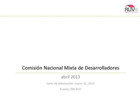 Comisión Nacional Mixta de Desarrolladores abril 2013 Corte de información: marzo 31, 2013 Fuente: DW RUV.