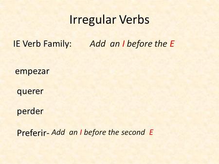 Irregular Verbs IE Verb Family: Add an I before the E empezar querer