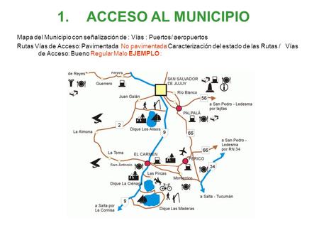 ACCESO AL MUNICIPIO Mapa del Municipio con señalización de : Vías : Puertos/ aeropuertos Rutas Vías de Acceso: Pavimentada No pavimentada Caracterización.