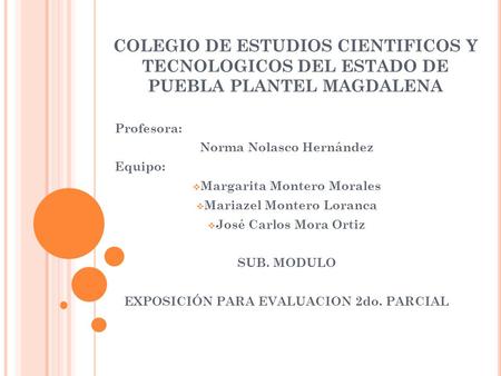 COLEGIO DE ESTUDIOS CIENTIFICOS Y TECNOLOGICOS DEL ESTADO DE PUEBLA PLANTEL MAGDALENA Profesora: Norma Nolasco Hernández Equipo:  Margarita Montero Morales.