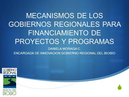  MECANISMOS DE LOS GOBIERNOS REGIONALES PARA FINANCIAMIENTO DE PROYECTOS Y PROGRAMAS DANIELA MORAGA C. ENCARGADA DE INNOVACION GOBIERNO REGIONAL DEL BIOBIO.