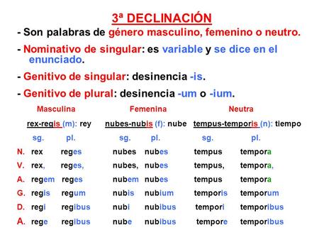 3ª DECLINACIÓN - Son palabras de género masculino, femenino o neutro.
