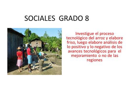 SOCIALES GRADO 8 Investigue el proceso tecnológico del arroz y elabore friso, luego elabore análisis de lo positivo y lo negativo de los avances tecnológicos.
