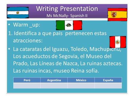 Writing Presentation Ms McNally- Spanish II Warm _up: 1. Identifica a que país pertenecen estas atracciones: La cataratas del Iguazu, Toledo, Machupichu,