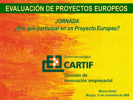 EVALUACIÓN DE PROYECTOS EUROPEOS JORNADA ¿Por qué participar en un Proyecto Europeo? Mónica Antón Burgos, 11 de noviembre de 2008.