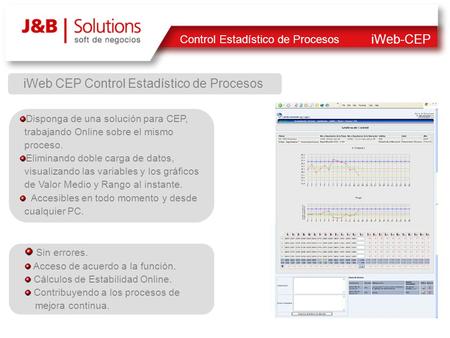 IWeb-CEP Control Estadístico de Procesos Sin errores. Acceso de acuerdo a la función. Cálculos de Estabilidad Online. Contribuyendo a los procesos de mejora.