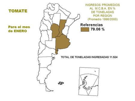 TOMATE INGRESOS PROMEDIOS AL M.C.B.A. EN % DE TONELADAS POR REGION (Promedio 1996/2000) Para el mes de ENERO.