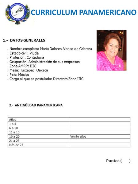 1.- DATOS GENERALES. Nombre completo: María Dolores Alonso de Cabrera. Estado civil: Viuda. Profesión: Contaduría. Ocupación: Administración de sus empresas.