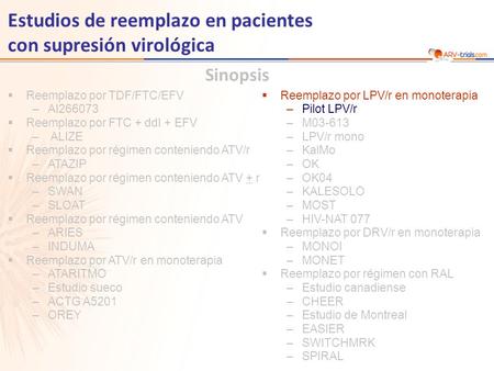 Estudios de reemplazo en pacientes con supresión virológica  Reemplazo por LPV/r en monoterapia –Pilot LPV/r –M03-613 –LPV/r mono –KalMo –OK –OK04 –KALESOLO.