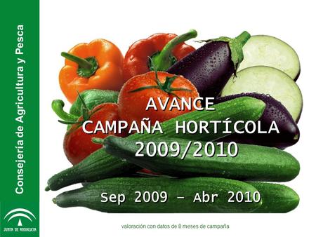 Consejería de Agricultura y Pesca AVANCE CAMPAÑA HORTÍCOLA 2009/2010 AVANCE CAMPAÑA HORTÍCOLA 2009/2010 Sep 2009 – Abr 2010 valoración con datos de 8 meses.
