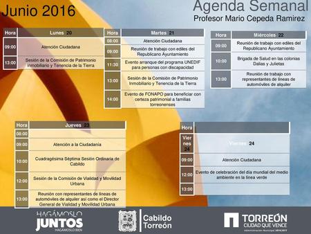 Agenda Semanal Junio 2016 Profesor Mario Cepeda Ramirez Cabildo