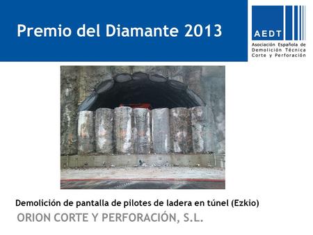 Premio del Diamante 2013 ORION CORTE Y PERFORACIÓN, S.L. Demolición de pantalla de pilotes de ladera en túnel (Ezkio)