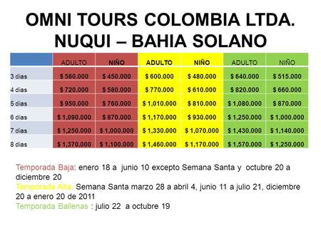 OMNI TOURS COLOMBIA LTDA. NUQUI – BAHIA SOLANO ADULTONIÑOADULTONIÑOADULTONIÑO 3 dias$ 560.000$ 450.000$ 600.000$ 480.000$ 640.000$ 515.000 4 dias$ 720.000$