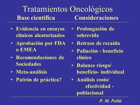 Tratamientos Oncológicos Base científica Consideraciones Evidencia en ensayos clínicos aleatorizados Aprobación por FDA o EMEA Recomendaciones de Sociedades.