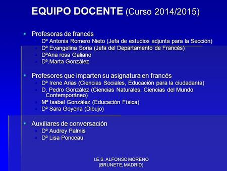 EQUIPO DOCENTE (Curso 2014/2015)