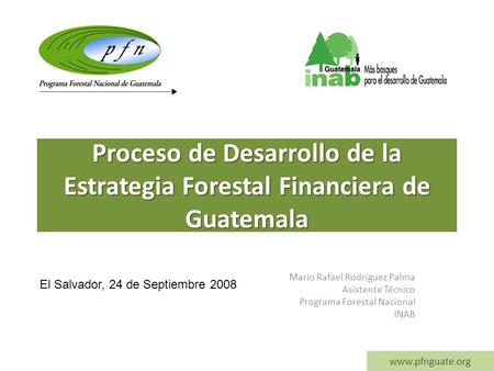 Proceso de Desarrollo de la Estrategia Forestal Financiera de Guatemala Mario Rafael Rodríguez Palma Asistente Técnico Programa Forestal Nacional INAB.