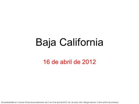 Encuesta Estatal en Vivienda / Fecha de levantamiento: del 11 al 15 de abril de 2012 / No. de casos: 804 / Margen de error: 3.46% al 95% de confianza Baja.