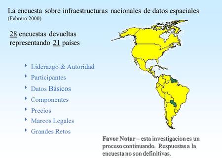 La encuesta sobre infraestructuras nacionales de datos espaciales (Febrero 2000)  Liderazgo & Autoridad  Participantes  Datos Básicos  Componentes.