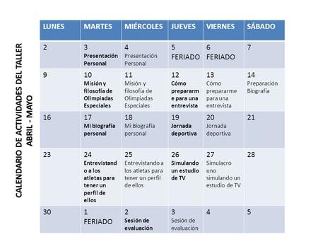 CALENDARIO DE ACTIVIDADES DEL TALLER ABRIL - MAYO