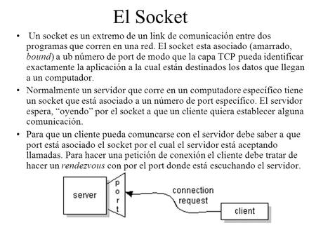 El Socket Un socket es un extremo de un link de comunicación entre dos programas que corren en una red. El socket esta asociado (amarrado, bound) a ub.