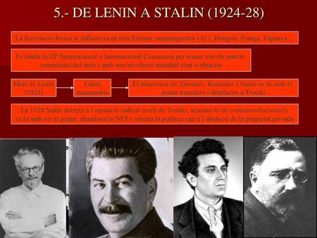 5.- DE LENIN A STALIN (1924-28) La Revolució Russa té influència en tota Europa: espartaquistes (Al.), Hongria, França, Espanya,... Es funda la IIIª Internacional.