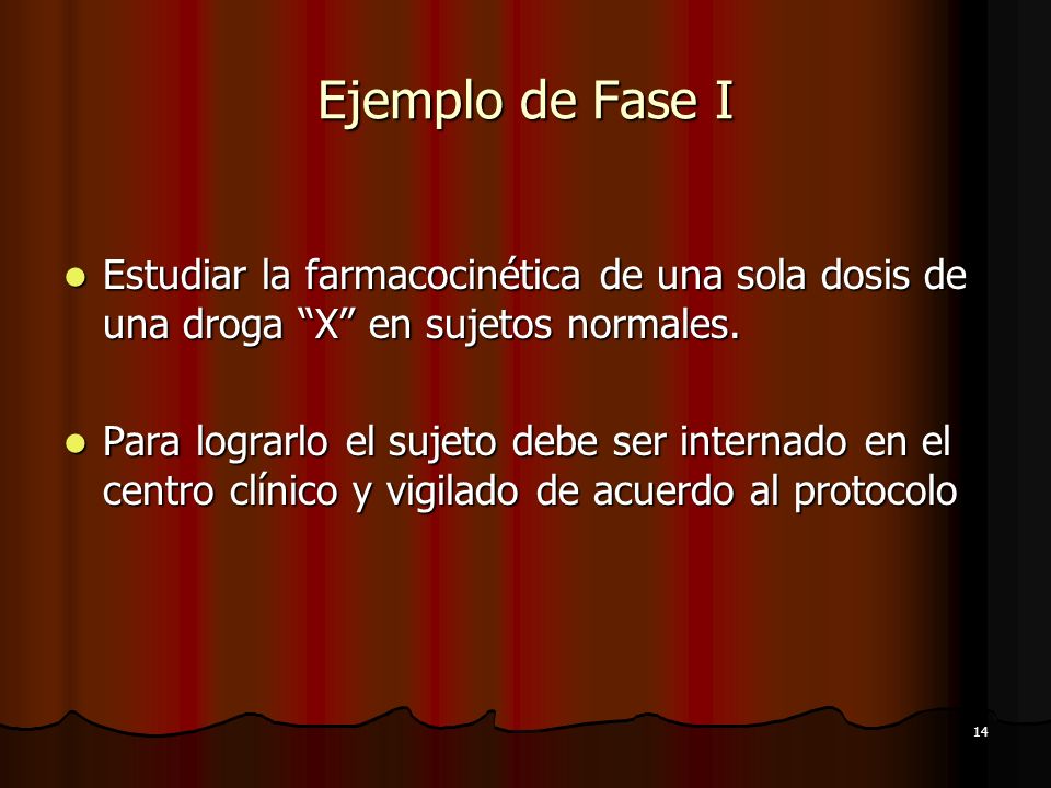 Ejemplo de Fase I Estudiar la farmacocinética de una sola dosis de una droga X en sujetos normales.