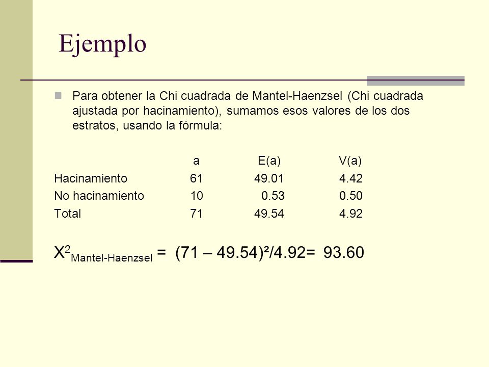 Ejemplo X2Mantel-Haenzsel = (71 – 49.54)²/4.92= 93.60
