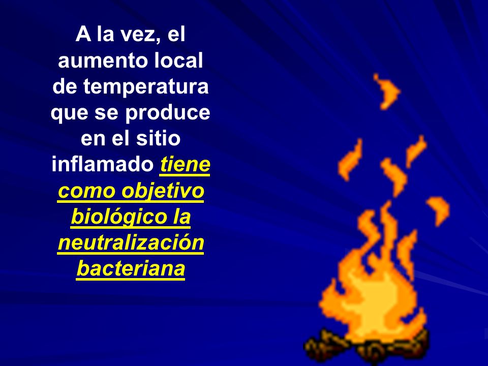 A la vez, el aumento local de temperatura que se produce en el sitio inflamado tiene como objetivo biológico la neutralización bacteriana