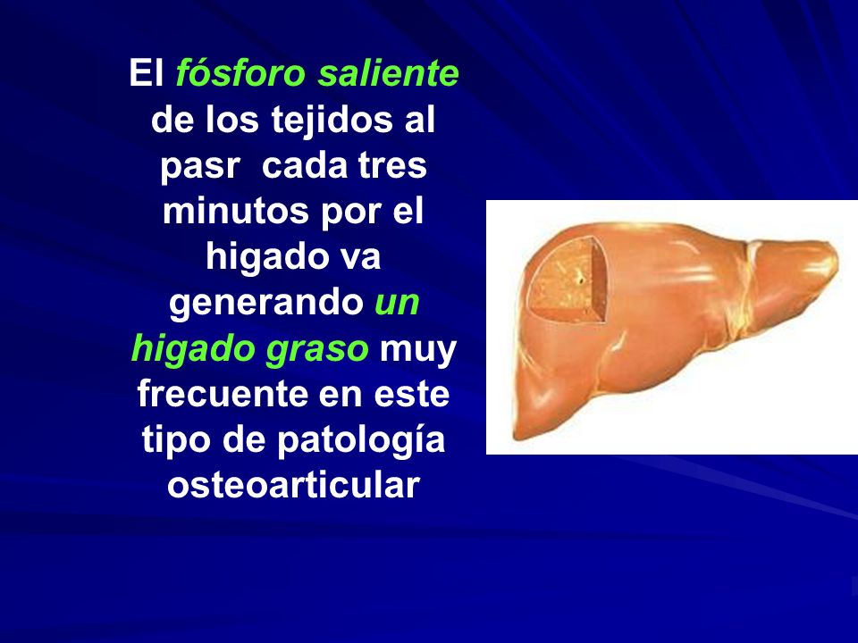 El fósforo saliente de los tejidos al pasr cada tres minutos por el higado va generando un higado graso muy frecuente en este tipo de patología osteoarticular