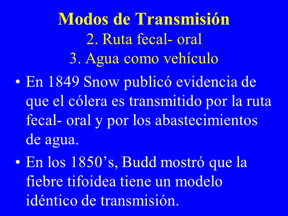Modos de Transmisión 2. Ruta fecal- oral 3. Agua como vehículo