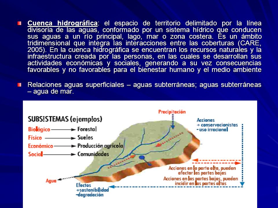 Cuenca hidrográfica: el espacio de territorio delimitado por la línea divisoria de las aguas, conformado por un sistema hídrico que conducen sus aguas a un río principal, lago, mar o zona costera. Es un ámbito tridimensional que integra las interacciones entre las coberturas (CARE, 2005). En la cuenca hidrográfica se encuentran los recursos naturales y la infraestructura creada por las personas, en las cuales se desarrollan sus actividades económicas y sociales, generando a su vez consecuencias favorables y no favorables para el bienestar humano y el medio ambiente