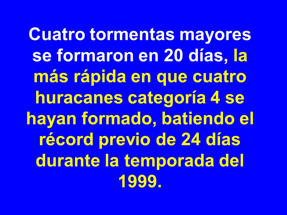 Cuatro tormentas mayores se formaron en 20 días, la más rápida en que cuatro huracanes categoría 4 se hayan formado, batiendo el récord previo de 24 días durante la temporada del 1999.