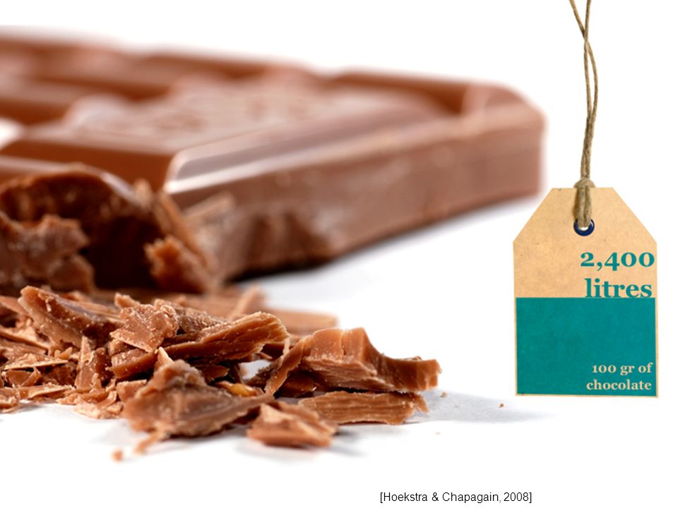 The water footprint of pure chocolate is 2400 litres for a 100-gram bar (as a world average!). Composition of dark chocolate: 40% cocoa paste (water footprint litres/kg); 20% cocoa butter (water footprint litres/kg); 40% sugar (water footprint 1526 litres/kg). We then can calculate: 40% % % 1526 = litres/kg = 2400 liters for one 100gr chocolate bar. The water footprint of milk powder is 4600 litres/kg, so that milk chocolate will have a bit larger water footprint (about 2500 litres for one 100gr chocolate bar) than dark chocolate when total cocoa content remains the same. Most crucial for the water footprint of chocolate is the cocoa paste and cocoa butter content.