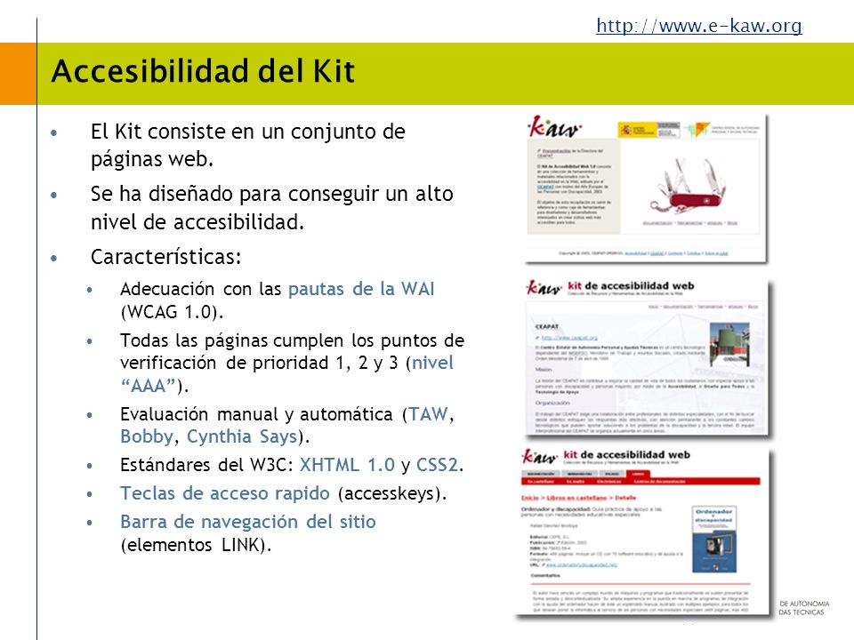 Accesibilidad del Kit El Kit consiste en un conjunto de páginas web.