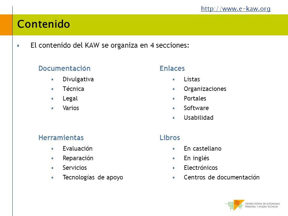 Contenido El contenido del KAW se organiza en 4 secciones: