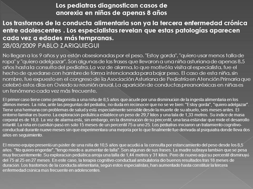 Los pediatras diagnostican casos de anorexia en niñas de apenas 8 años