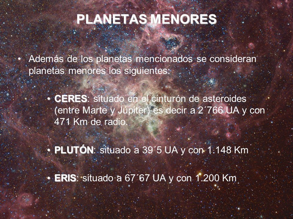 PLANETAS MENORES Además de los planetas mencionados se consideran planetas menores los siguientes: