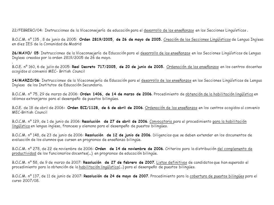 22/FEBRERO/04: Instrucciones de la Viceconsejería de educación para el desarrollo de las enseñanzas en las Secciones Linguísticas .