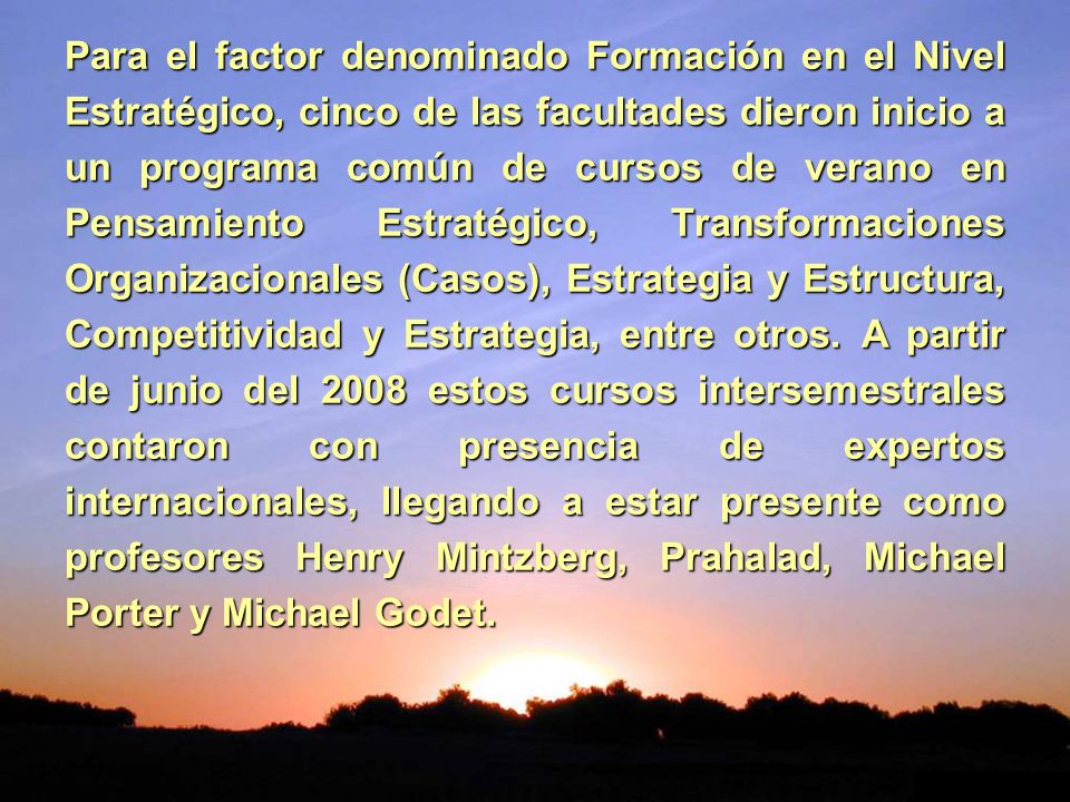 Para el factor denominado Formación en el Nivel Estratégico, cinco de las facultades dieron inicio a un programa común de cursos de verano en Pensamiento Estratégico, Transformaciones Organizacionales (Casos), Estrategia y Estructura, Competitividad y Estrategia, entre otros.