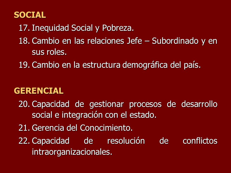 SOCIAL Inequidad Social y Pobreza. Cambio en las relaciones Jefe – Subordinado y en sus roles. Cambio en la estructura demográfica del país.