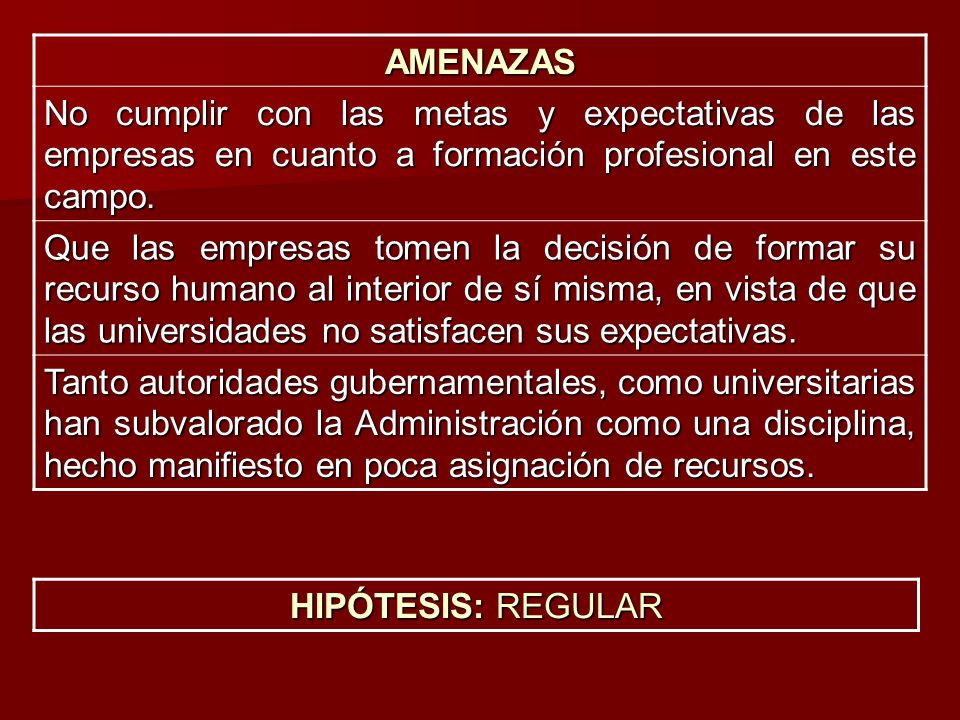 AMENAZAS No cumplir con las metas y expectativas de las empresas en cuanto a formación profesional en este campo.