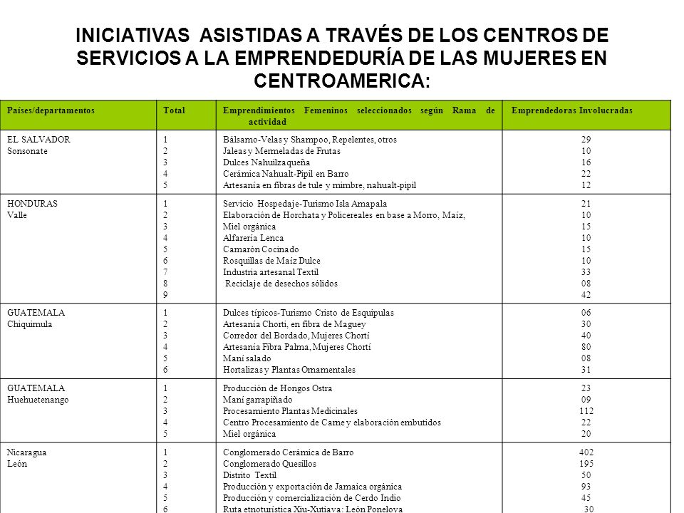 INICIATIVAS ASISTIDAS A TRAVÉS DE LOS CENTROS DE SERVICIOS A LA EMPRENDEDURÍA DE LAS MUJERES EN CENTROAMERICA: