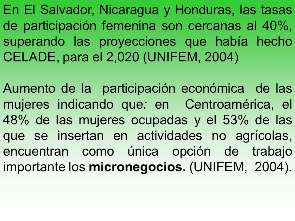 En El Salvador, Nicaragua y Honduras, las tasas de participación femenina son cercanas al 40%, superando las proyecciones que había hecho CELADE, para el 2,020 (UNIFEM, 2004)