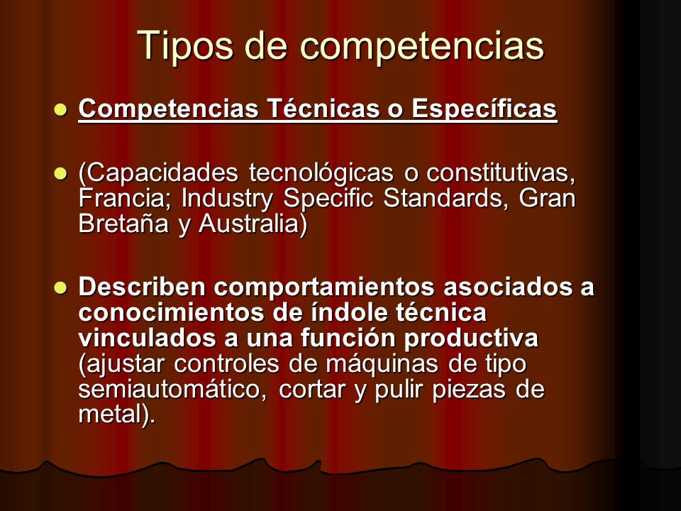 Tipos de competencias Competencias Técnicas o Específicas