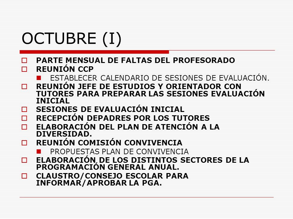 OCTUBRE (I) PARTE MENSUAL DE FALTAS DEL PROFESORADO REUNIÓN CCP