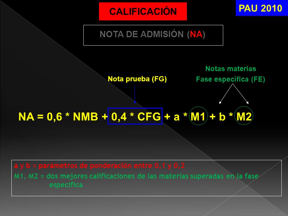 NA = 0,6 * NMB + 0,4 * CFG + a * M1 + b * M2