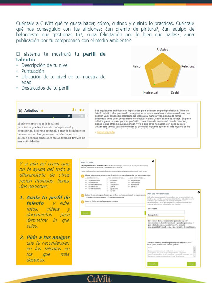 Cuéntale a CuVitt qué te gusta hacer, cómo, cuándo y cuánto lo practicas. Cuéntale qué has conseguido con tus aficiones: ¿un premio de pintura , ¿un equipo de baloncesto que gestionas tú , ¿una felicitación por lo bien que bailas , ¿una publicación por tu compromiso con el medio ambiente