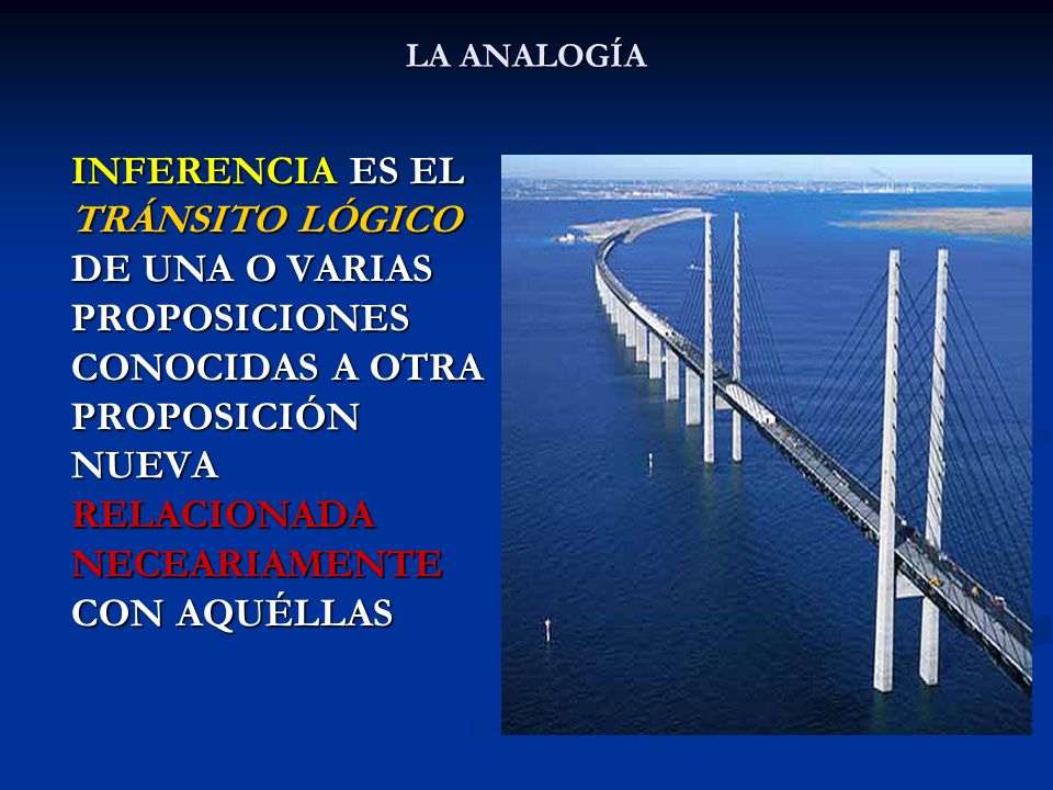 LA ANALOGÍA INFERENCIA ES EL TRÁNSITO LÓGICO DE UNA O VARIAS PROPOSICIONES CONOCIDAS A OTRA PROPOSICIÓN NUEVA RELACIONADA NECEARIAMENTE CON AQUÉLLAS.